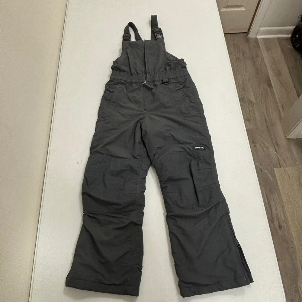 Lands End Kids Gray Squall Insulated Snow Bibs Overalls Size 8 Reinforced Knees
